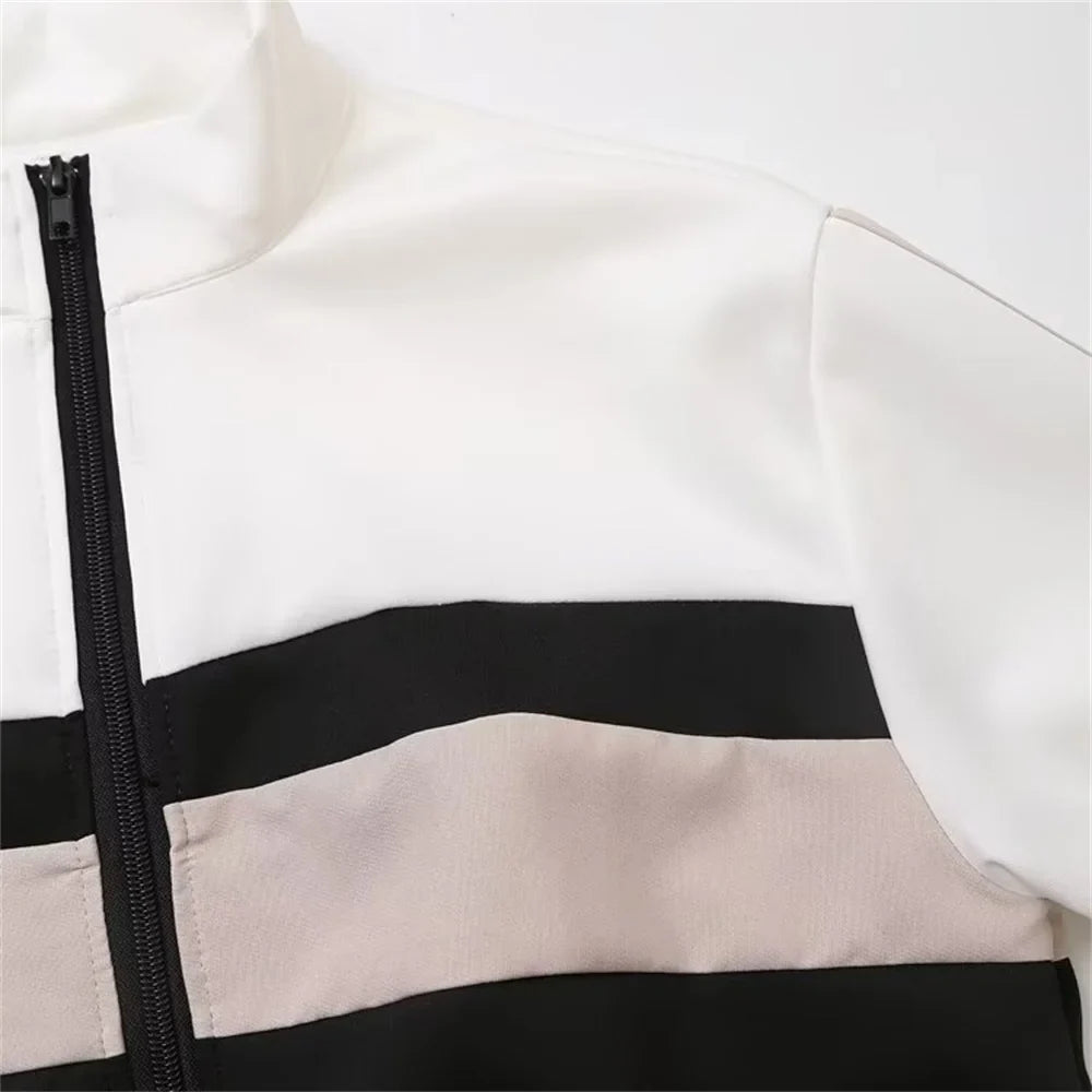 Women's Fashion Casual Zipper Pilot Jacket and High Waist Wide Leg Pants Set with Side Stripes