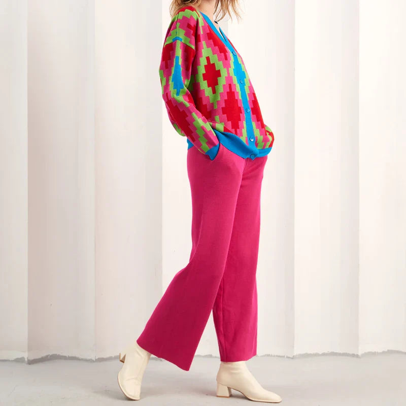 Women Casual V-neck Argyle Knit Cardigan and High Waist Wide Leg Pants Set