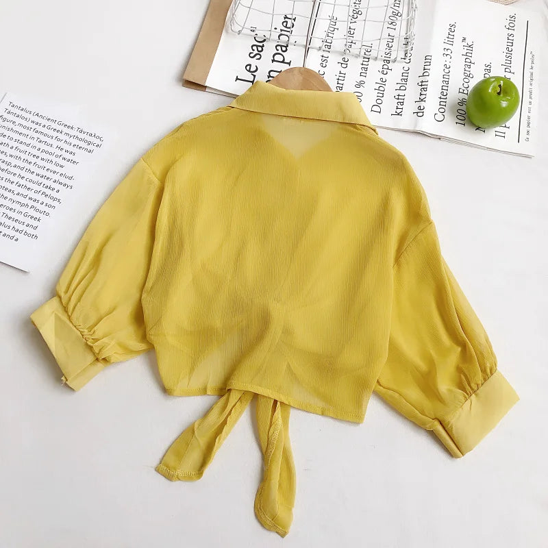 Women Buttoned Up Chiffon Blouse Tied Waist Crop Top Office Lady Shirt Thin and Lightweight