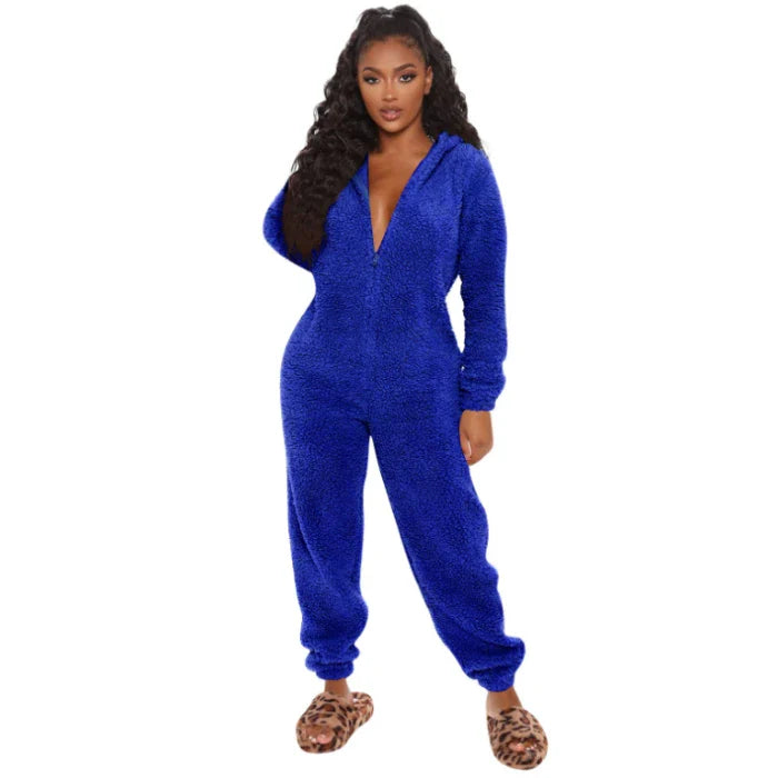 Women's One-Piece Hooded Jumpsuit Thickened Full-Length Overalls Cozy Autumn Winter Wear