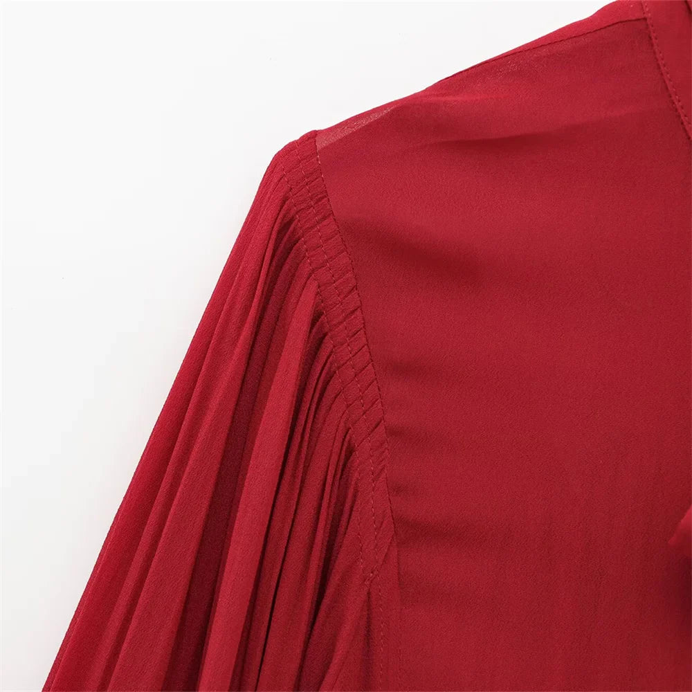 Women's Casual Long Sleeve Bow Tie Shirt Retro Loose Fit Solid Color Spring Top