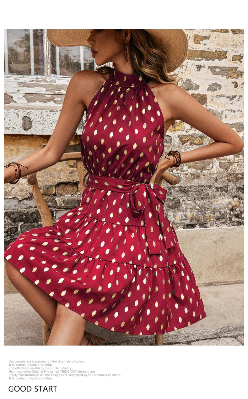 Sleeveless Dot Print Midi Dress With A Line Silhouette