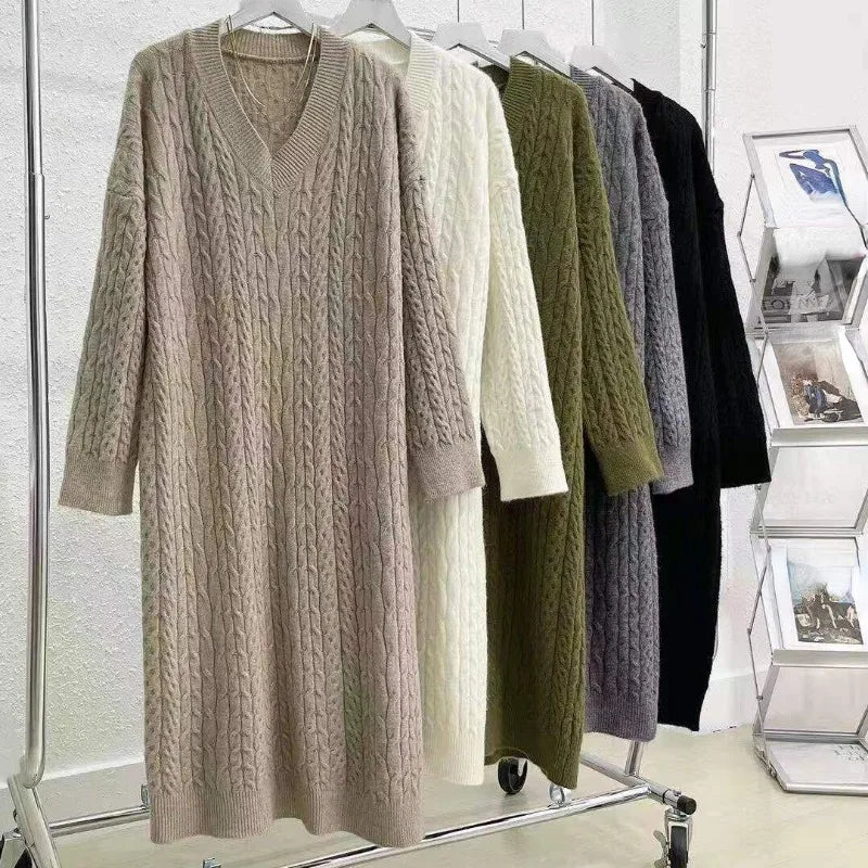 Autumn Knit Sweater Dress Long Sleeve V Neck Women