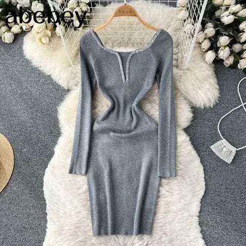Knit Bodycon Dress For Women Long Sleeve Winter Sweater