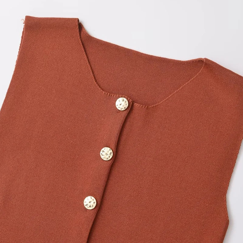 Women's 2 Piece Knit Skirt Set with Cropped Sleeveless Vest and High Waist Slim Fit Skirt in Solid Color with Gold Button Detail