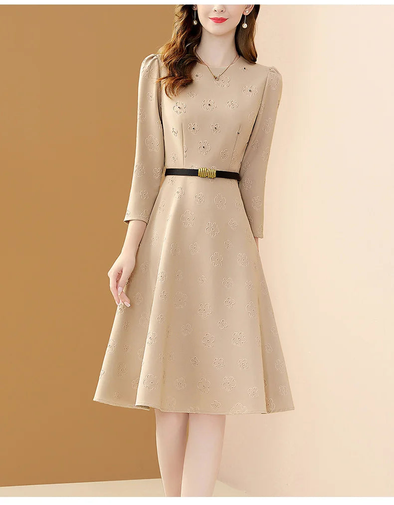 Floral Embroidered Belt Dress for Women O Neck A Line