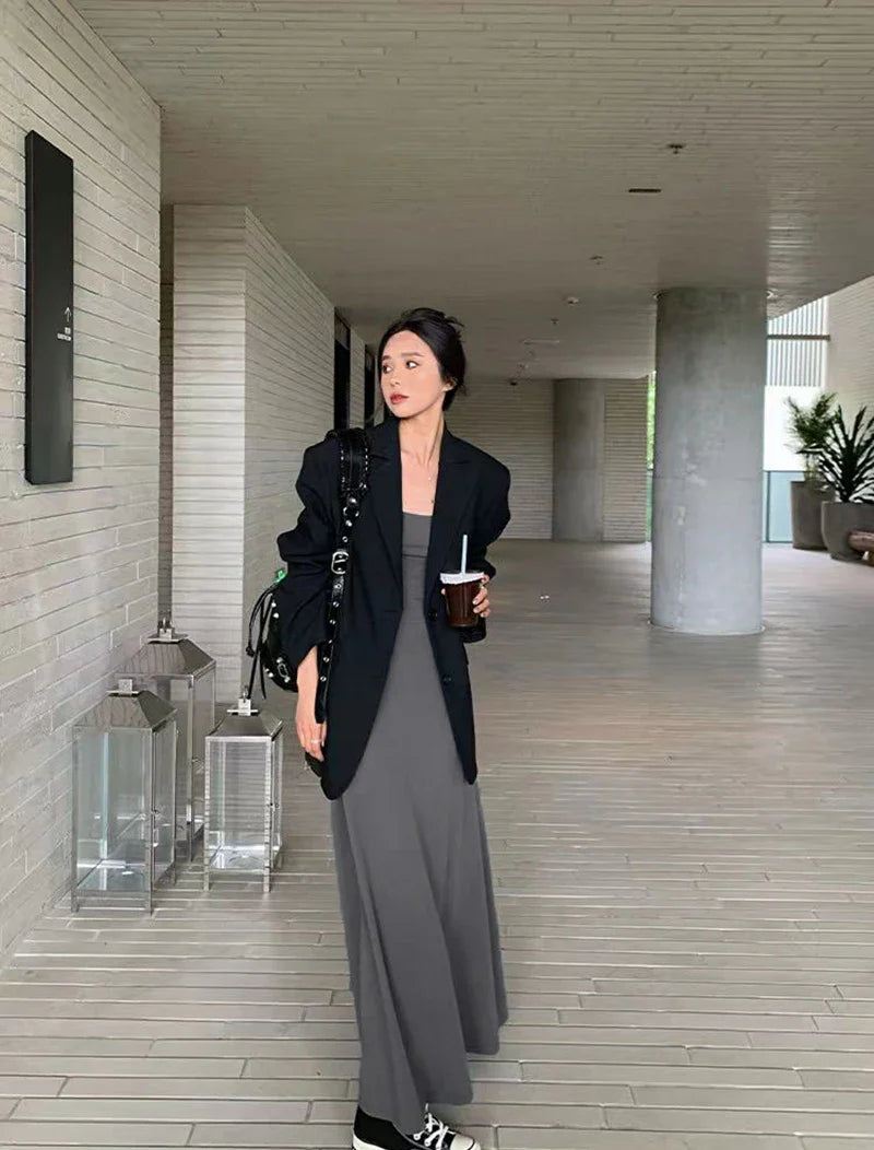 Y2K Black Strap Long Dress Sleeveless Bodycon Sundress