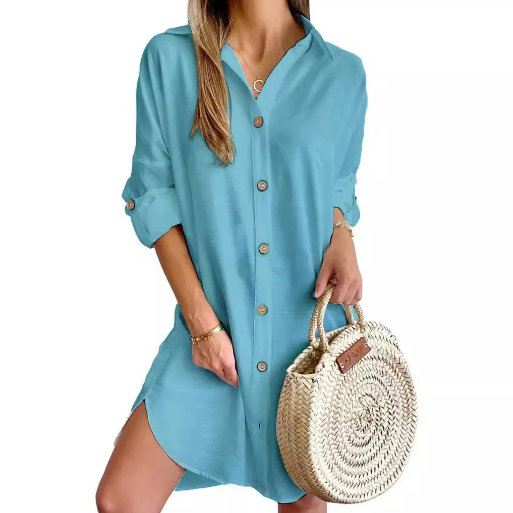 Solid Color Button Front Shirt Dress Long Sleeve Lapel