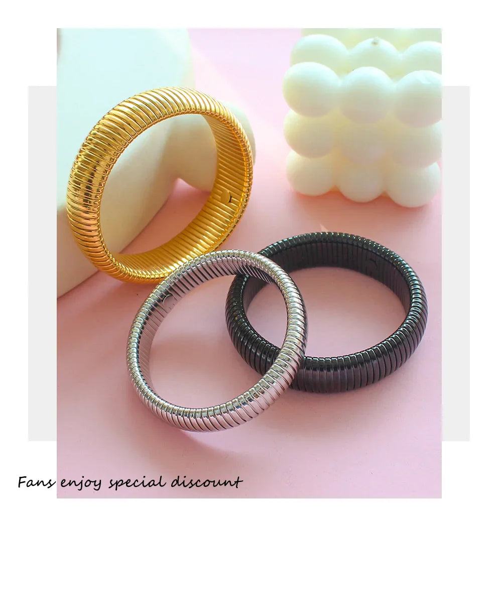 304L Stainless Steel Elastic Bracelet for Women with 18k Gold Plated Charm Wide Chunky Metal Spiral Bangle Waterproof Fashion Jewelry