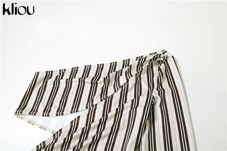 Sexy Striped Printed Women Jumpsuit with Inclined Shoulder Hollow Cleavage Skinny Fit Overalls Stylish Fashion Clubwear