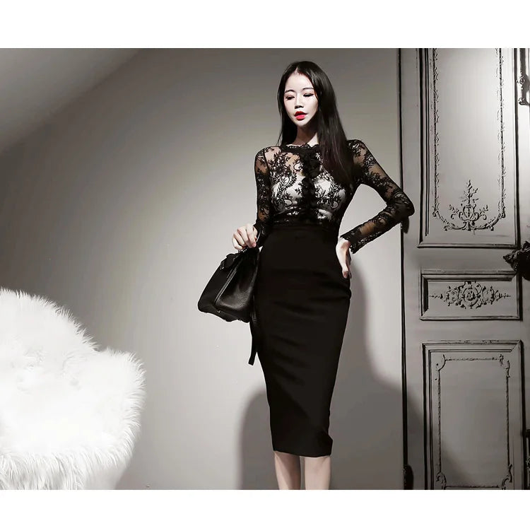 Korean Lace Bodycon Dress Women Office Sheath Pencil