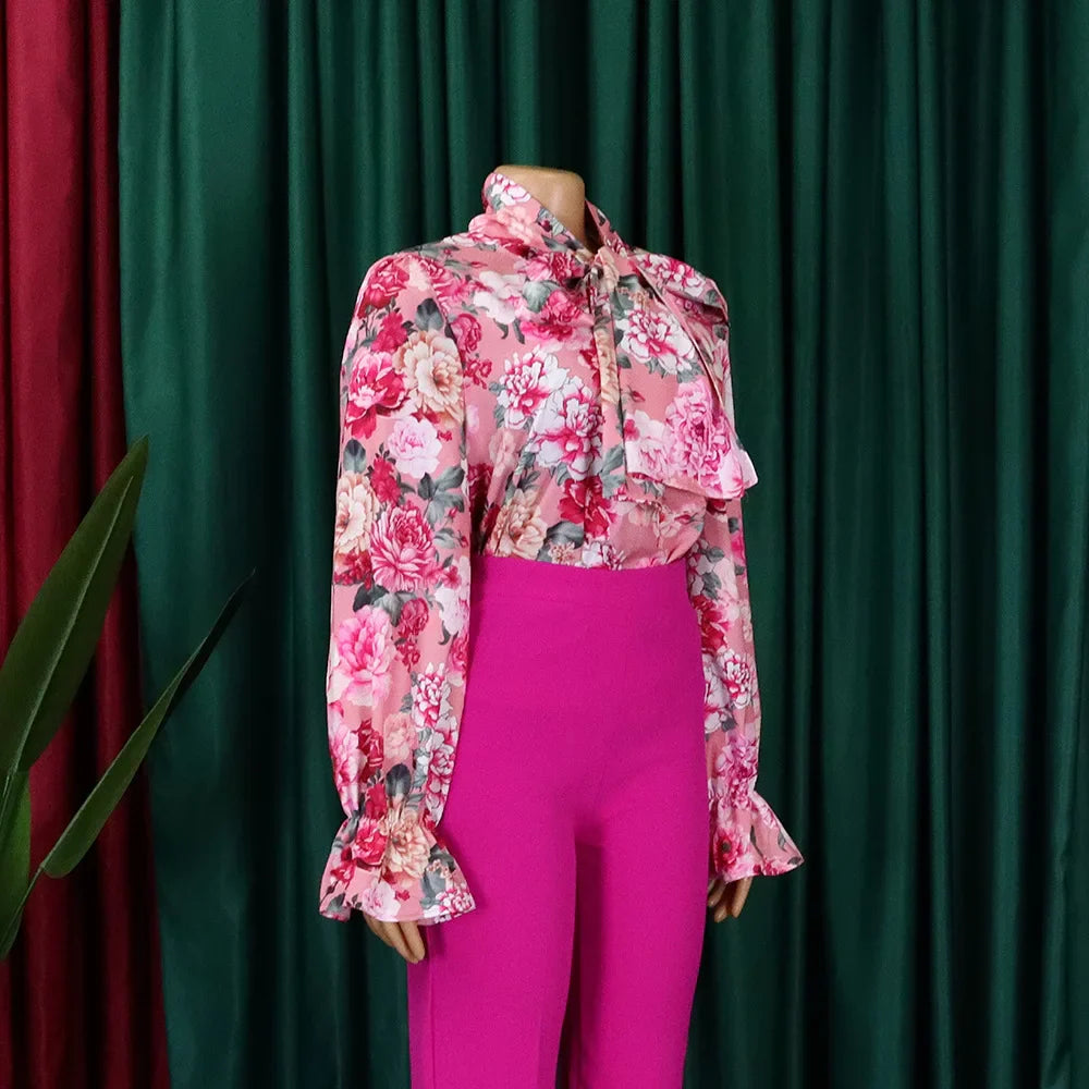 Elegant Full Sleeve Bow Collar Printed Blouse for Women Stylish Business Workwear Shirt Tops