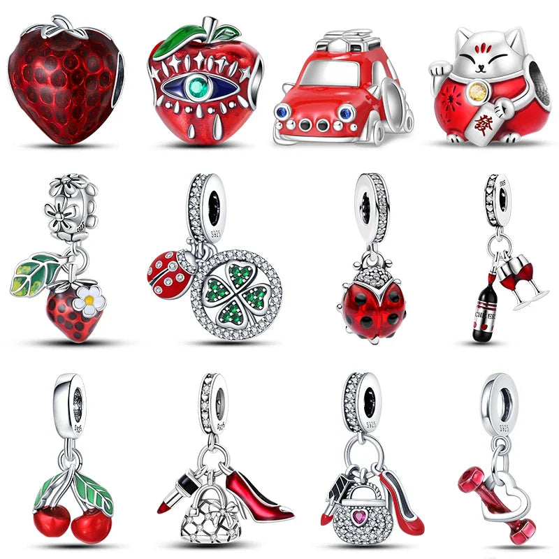 925 Silver Red Charms Beads for DIY Jewelry Bracelets Featuring Strawberry Ladybird and Lipstick Design