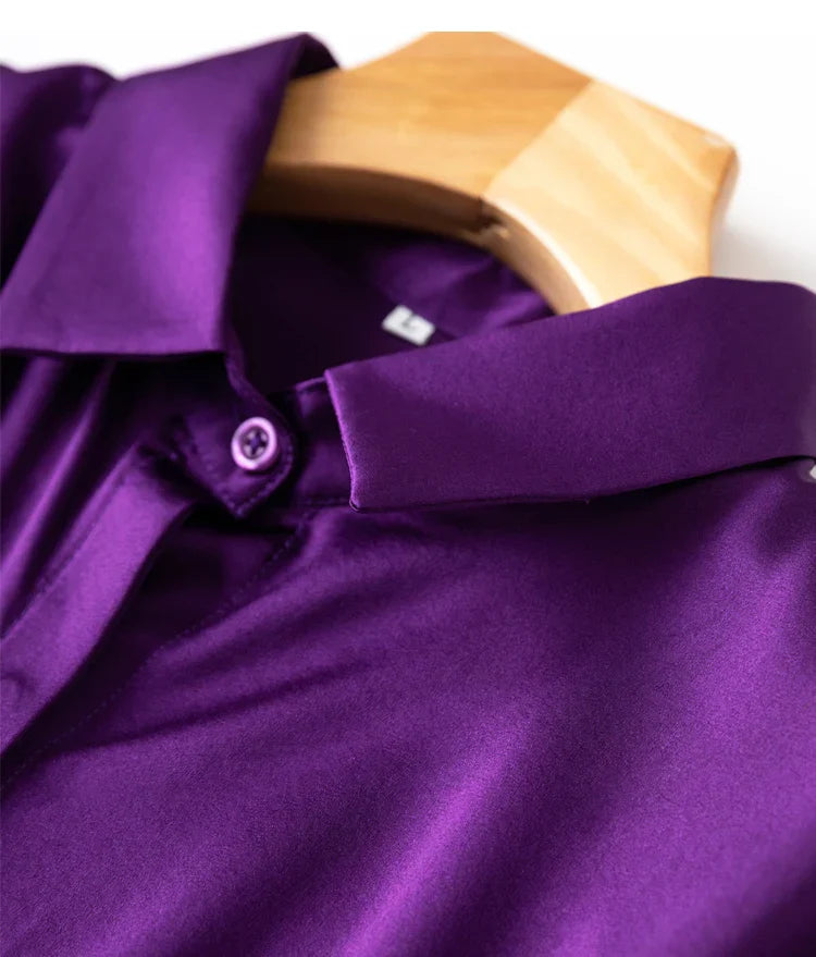 Women Satin Silk Shirt 93% Mulberry Silk 7% Spandex 19 Momme Classic Long Sleeve Blouse Solid Color Office Top for Women M L XL XXL