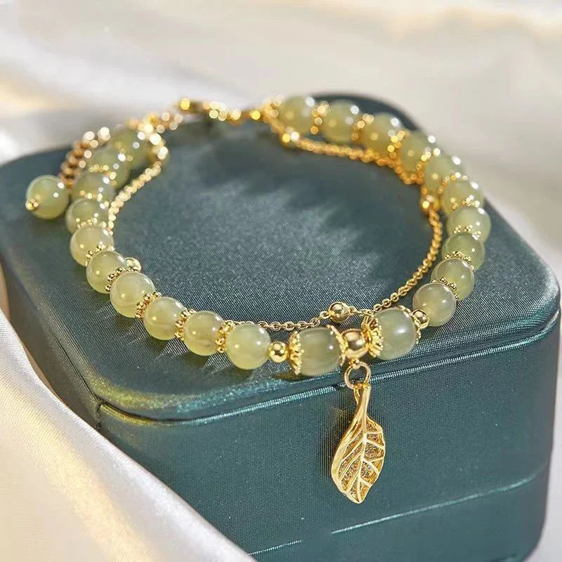 Chinese Style Green Jade Bracelet for Women with Gold Leaves Double Chain Design Elegant Bangle Gift for Special Occasions