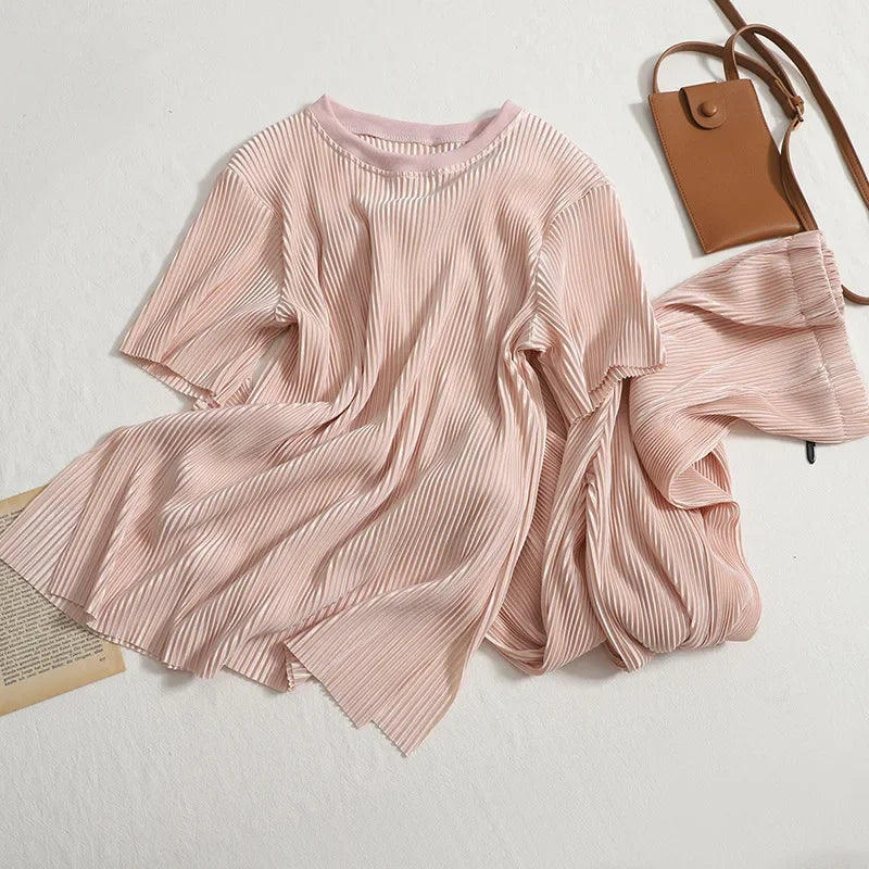 Elegant Summer Two Piece Set for Women Featuring Round Neck T-Shirt and High Waist Wide Leg Pants