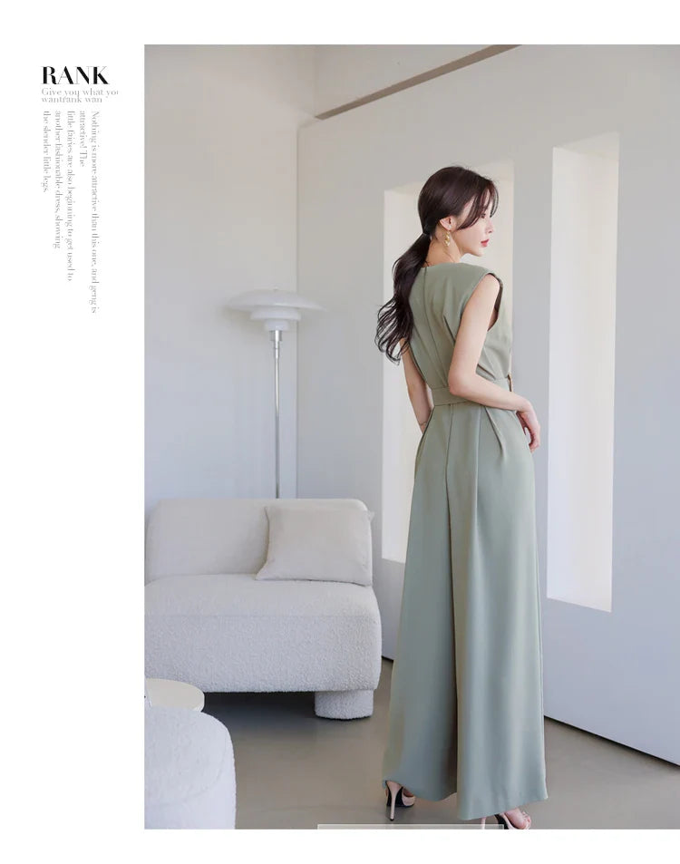 Elegant Women's Business Jumpsuit O-Neck Wide Leg Split Trousers Long Casual Workwear Romper