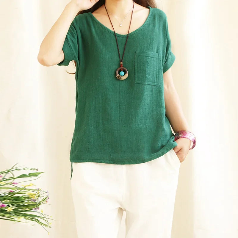 Women's Loose Fit Cotton Linen Blouse Short Sleeve Green O-Neck Casual Summer Top Large Size
