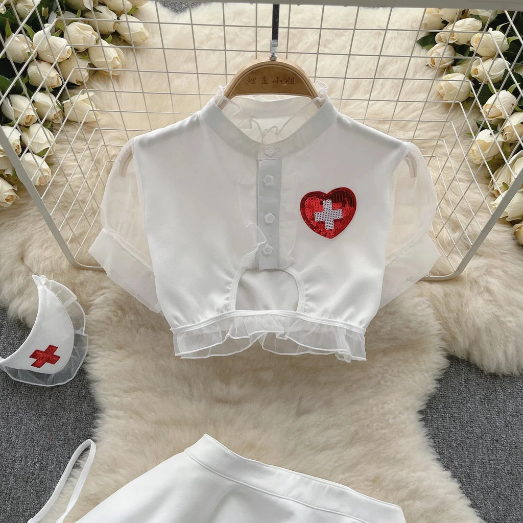 Sexy Nurse Cosplay Uniform Two-Piece Set with High Waisted Ruffled Skirt and Bubble Sleeve Short Top Cute and Flirty Costume