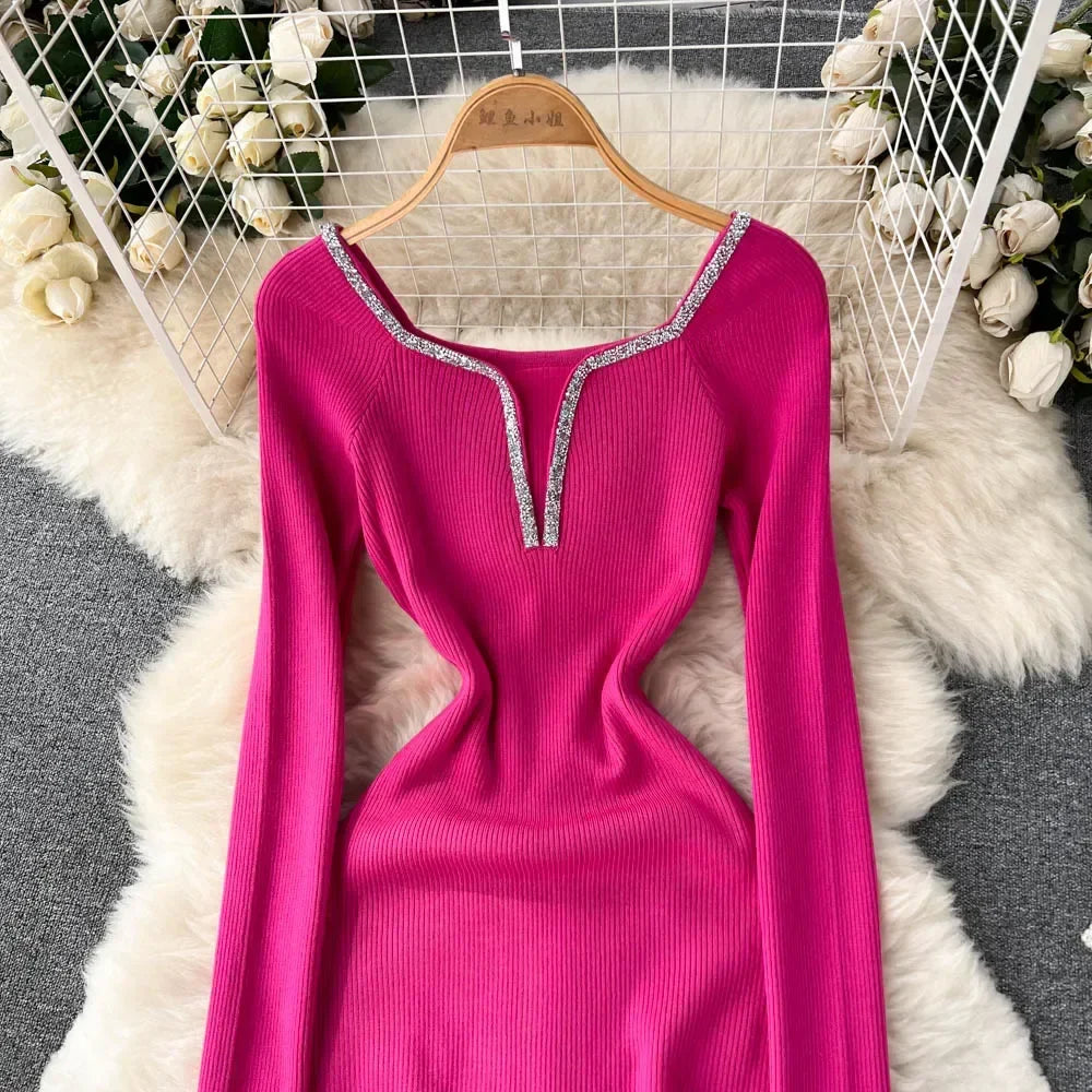 Knit Bodycon Dress For Women Long Sleeve Winter Sweater