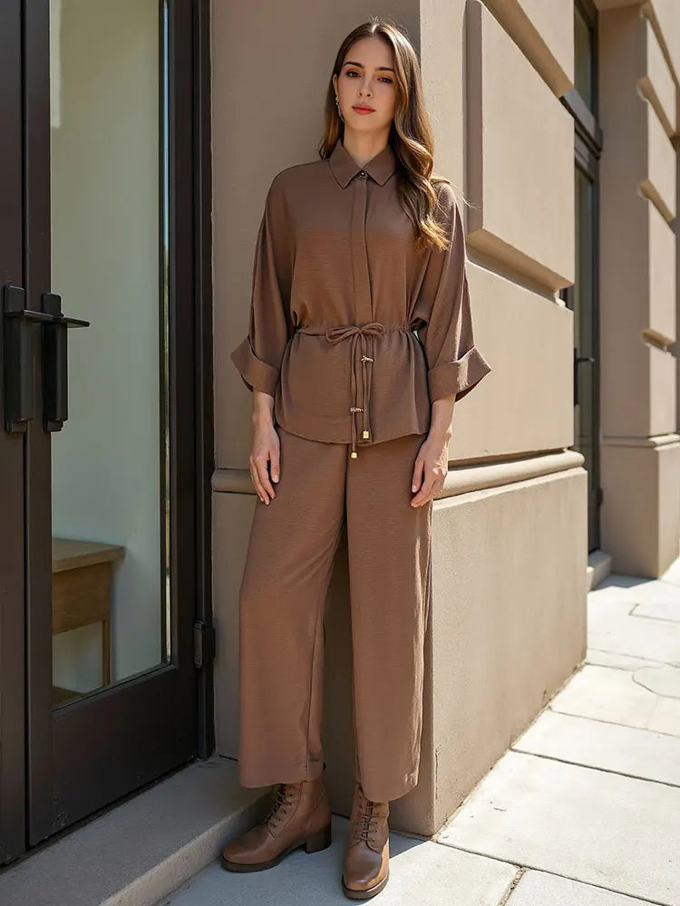 Vintage Brown Blouse and Wide Leg Trousers Set for Women with Lace Up Kimono Shirt and Elastic Waist Pants