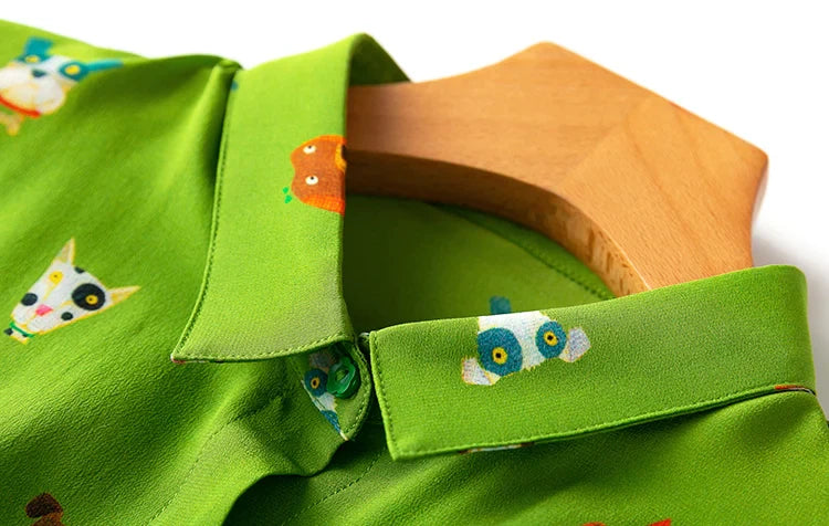 Women Shirt 100 Percent Mulberry Crepe Silk Green Lantern Sleeve Blouse with Cartoon Button Detail