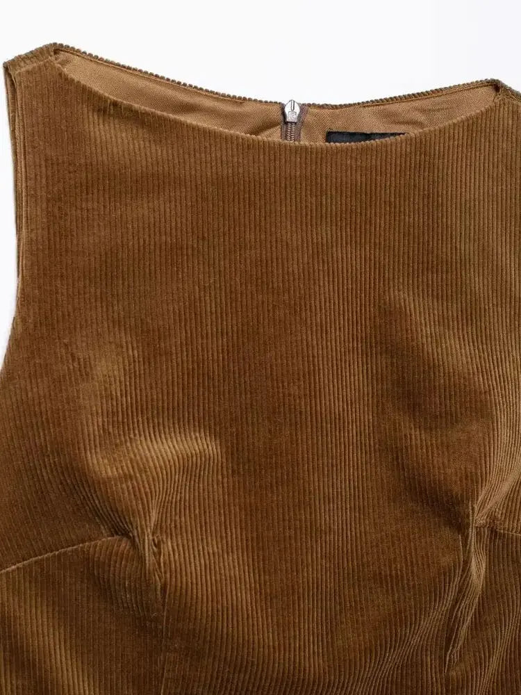 Corduroy Mini Dress With Belt O Neck Sleeveless Back Zipper