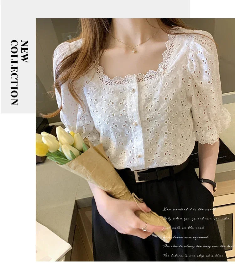 Elegant White Lace Blouse for Women Short Sleeve Square Collar Hollow Out Summer Shirt Chic and Breathable Feminine Top