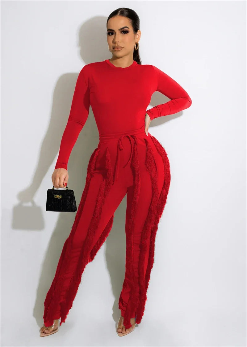 Elegant 2 Piece Women's Outfit Long Sleeve Bodysuit Top and Tassel Pants Set for Autumn Winter