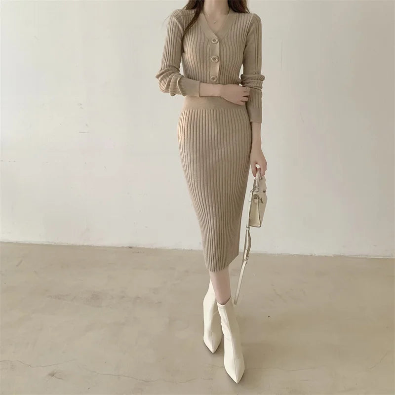 Knit Sweater Dress For Women V Neck Maxi With Buttons
