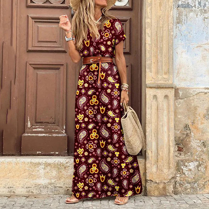 V Neck Midi Dress With Slit Retro Vintage Print Belted