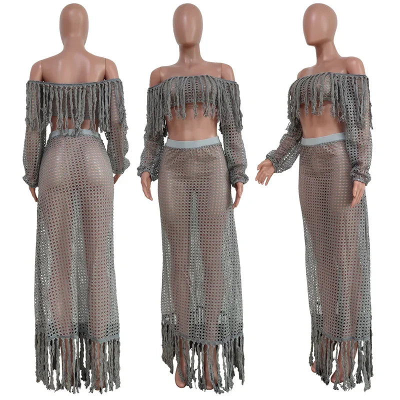 Fringed Tassel Two Piece Women's Beachwear Set Crochet Hollow Out See Through Crop Top and Long Skirt Vacation Outfit