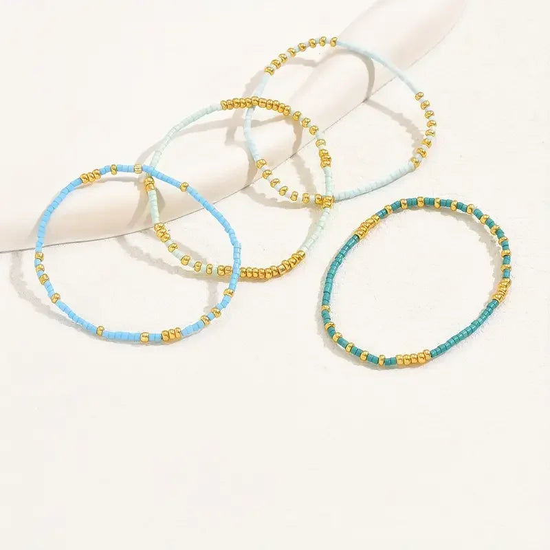 4 Piece Turquoise Seedbead Stretch Bracelet Set for Women - Handmade Bohemian Elastic Jewelry with Gold Color Glass Beads