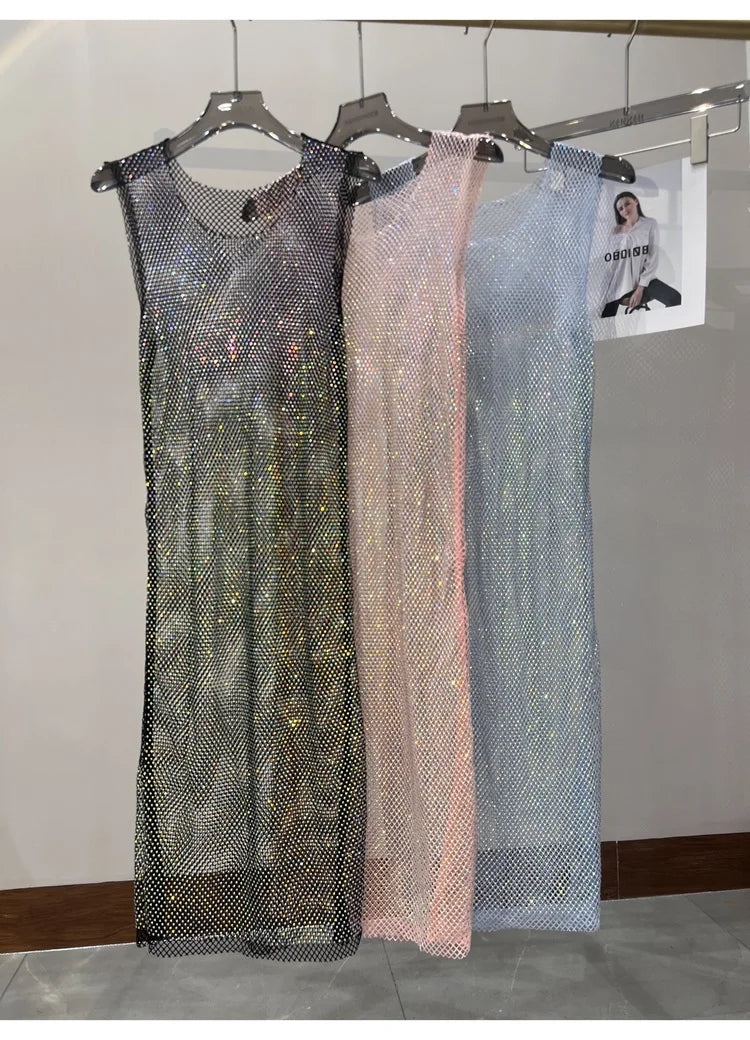 Rhinestone Mesh Midi Dress for Sexy Party and Clubwear