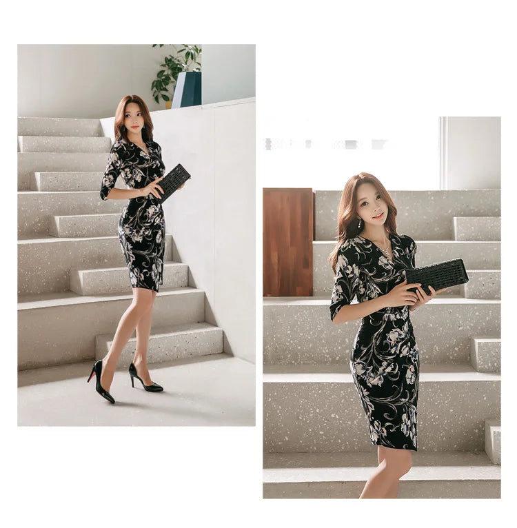 V-Neck Pencil Dress for Women Vintage Print Office Wear