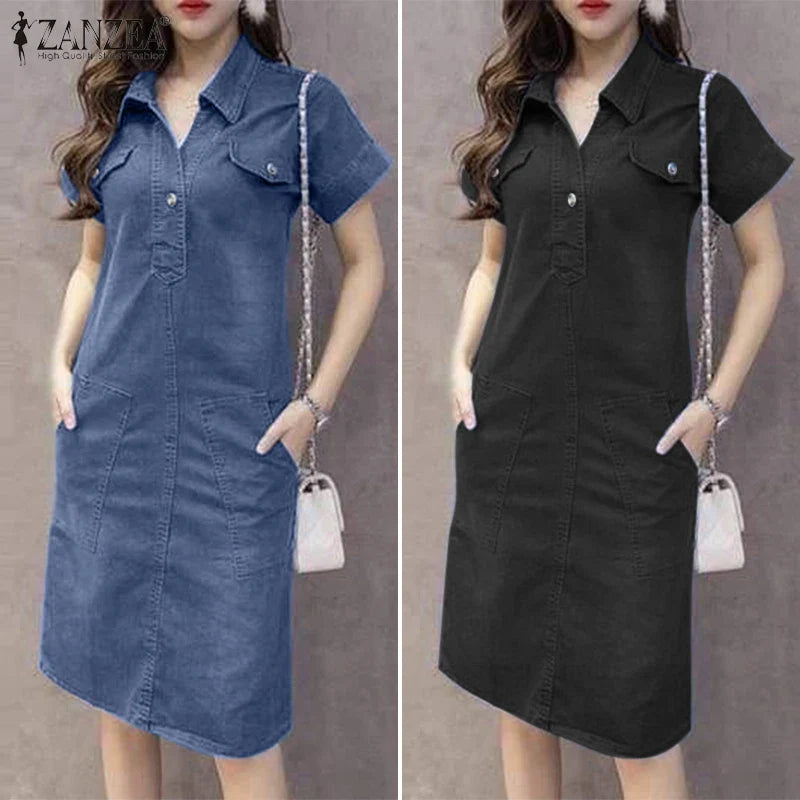 Denim Blue Lapel Neck Sundress for Women with Pockets
