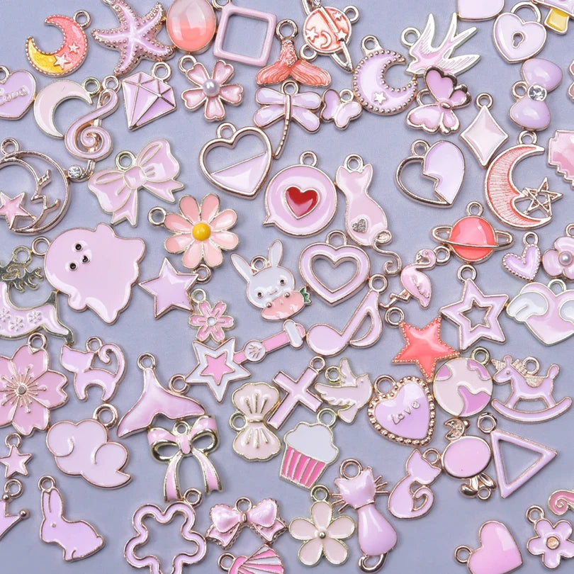 50 Pieces Mixed Style Pink Drip Oil Charms Animal Heart Flower Moon Pendants for DIY Jewelry Making