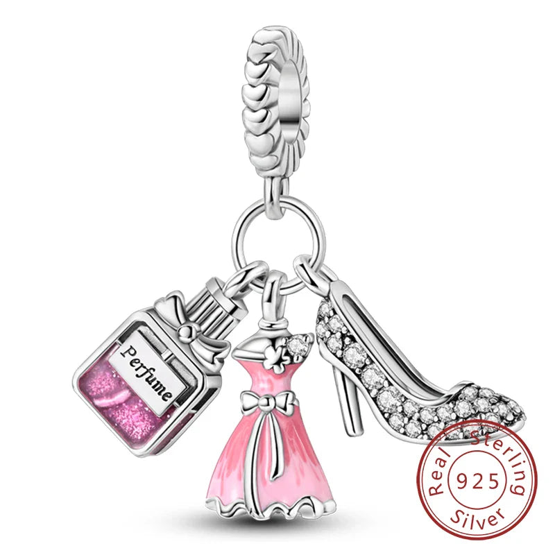 Fit 925 Sterling Silver Bow Perfume Bottle Pink Charms Beads for Women DIY Jewelry Gifts