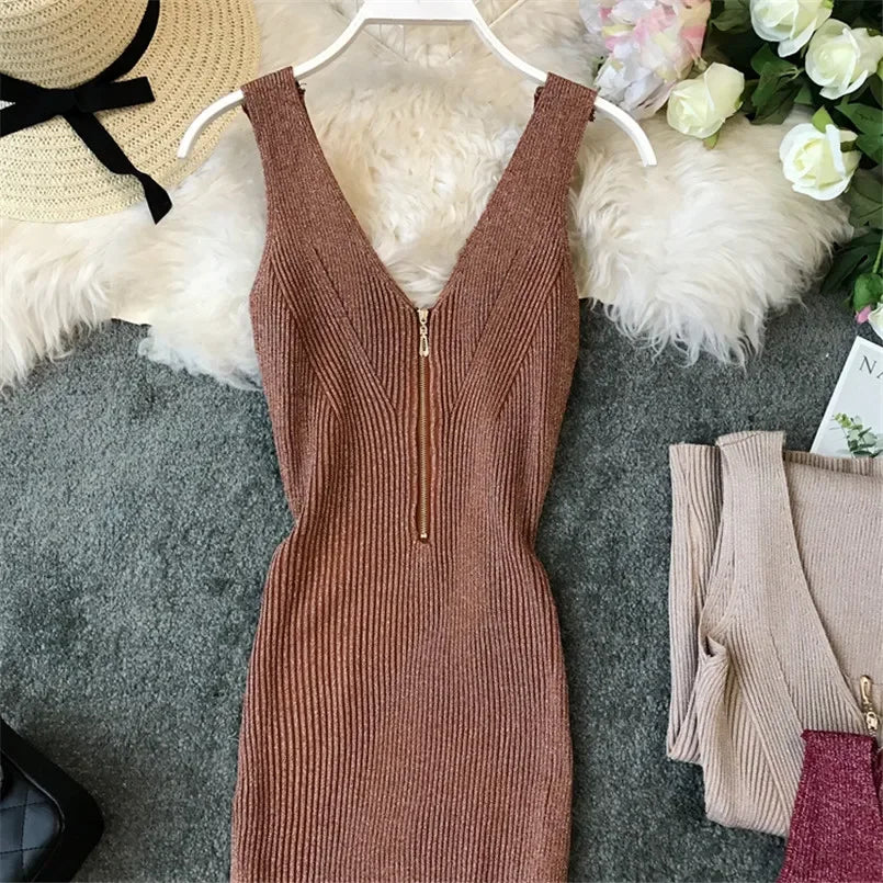 Sexy Zipper V Neck Knit Bodycon Midi Dress For Summer