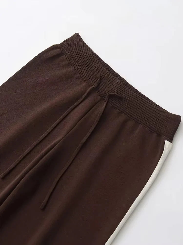 Women's Casual Two-Piece Set with Knit Sweater and High-Elastic Waist Straight Pants