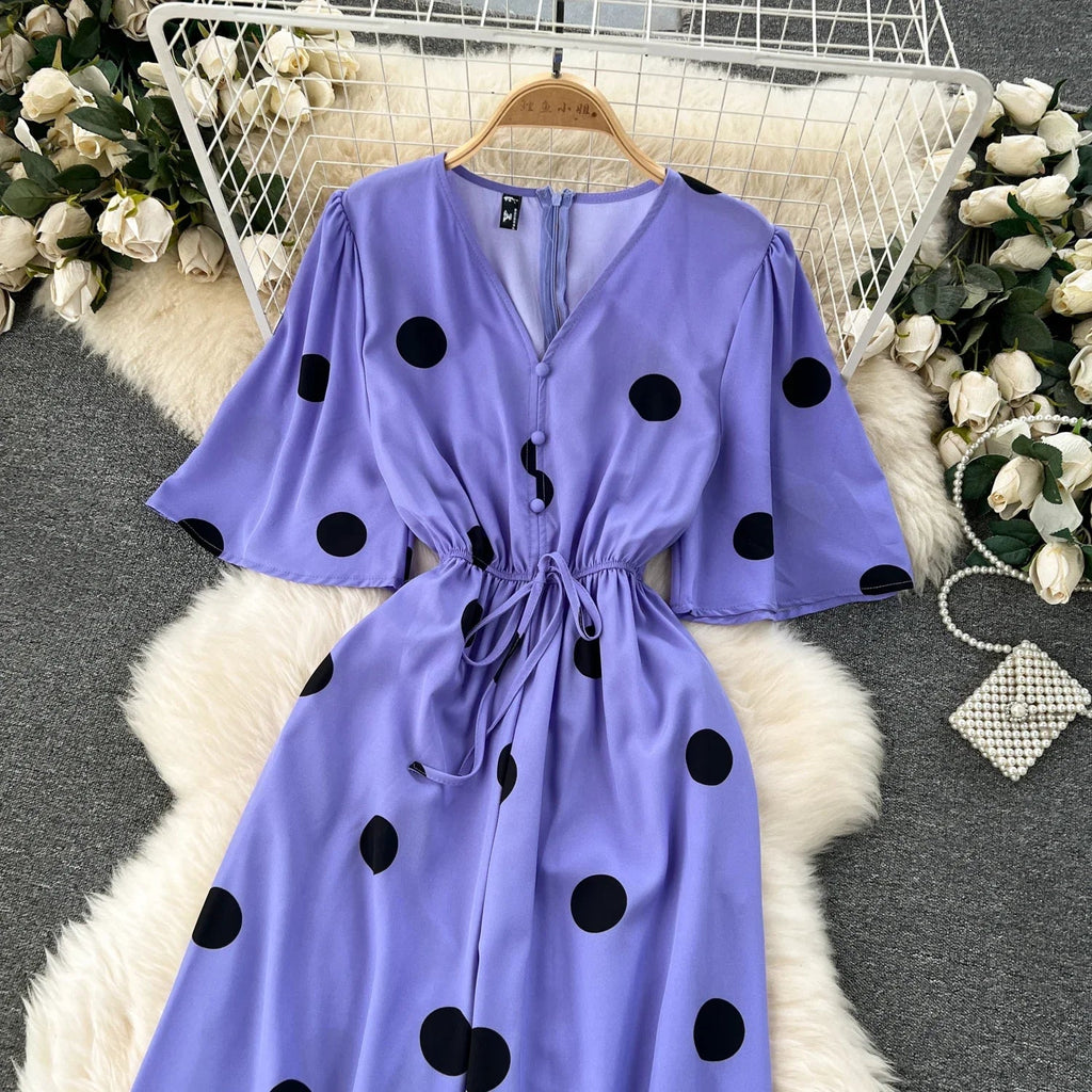 Women Wide Leg Polka Dot Jumpsuit with V Neck Dolman Sleeves and Slim Waist Design