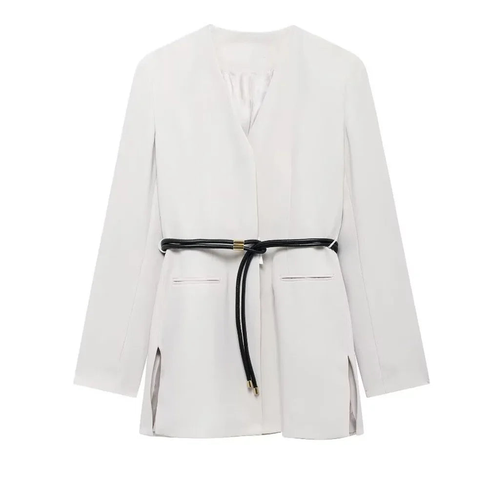 Women's Fashion Long Sleeve Suit Jacket with Belt and Zipper Straight Pants Set