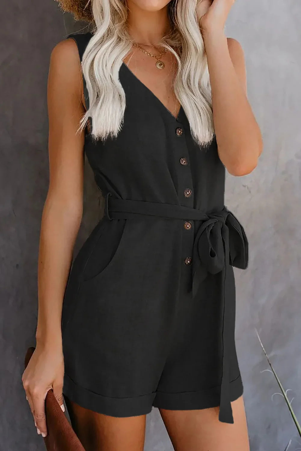 Women's Casual V Neck Monochromatic Jumpsuit with Five Point Shorts Lightweight Summer Outfit