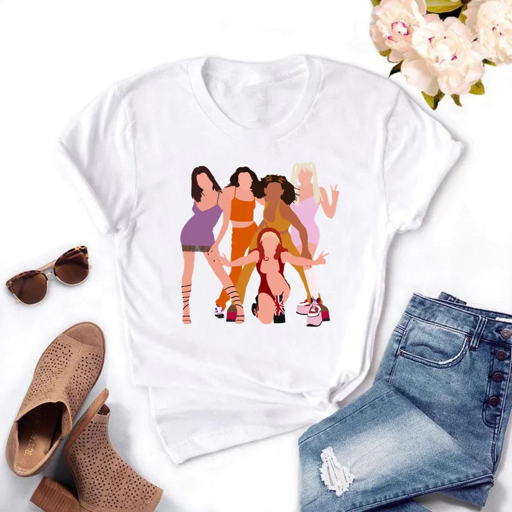 Spice Girls Cartoon T Shirt for Women Short Sleeve Anime Print Tee Stylish Casual Top