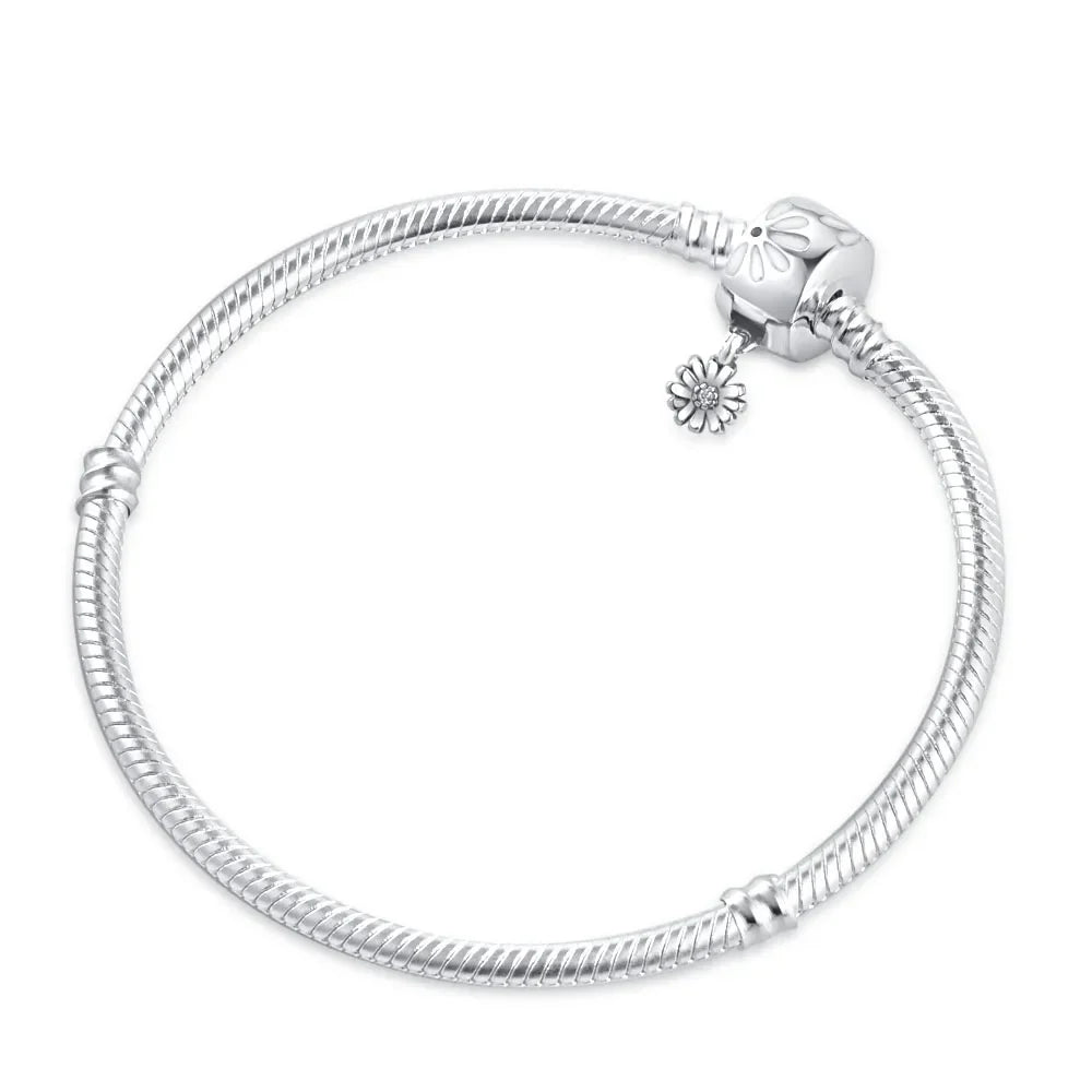 Sterling Silver 925 Heart and Flower Clip Clasp Bracelet with White Zircon Beads 16-21CM