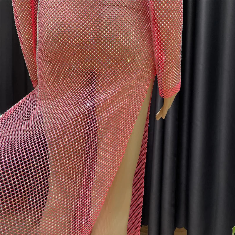 Rhinestone See Through Club Dress With Fishnet Details
