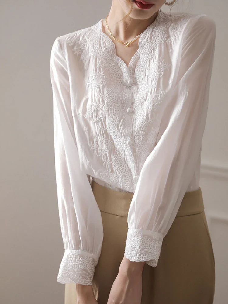 French Embroidery Flower Lace V Neck Linen Blouse Long Sleeve Loose Fit Elegant Sunscreen Shirt for Women Autumn Casual Top