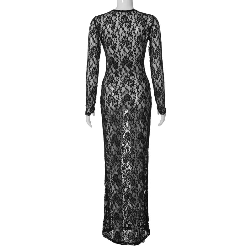 Floral Print Sheer Maxi Dress Long Sleeve Bodycon Evening