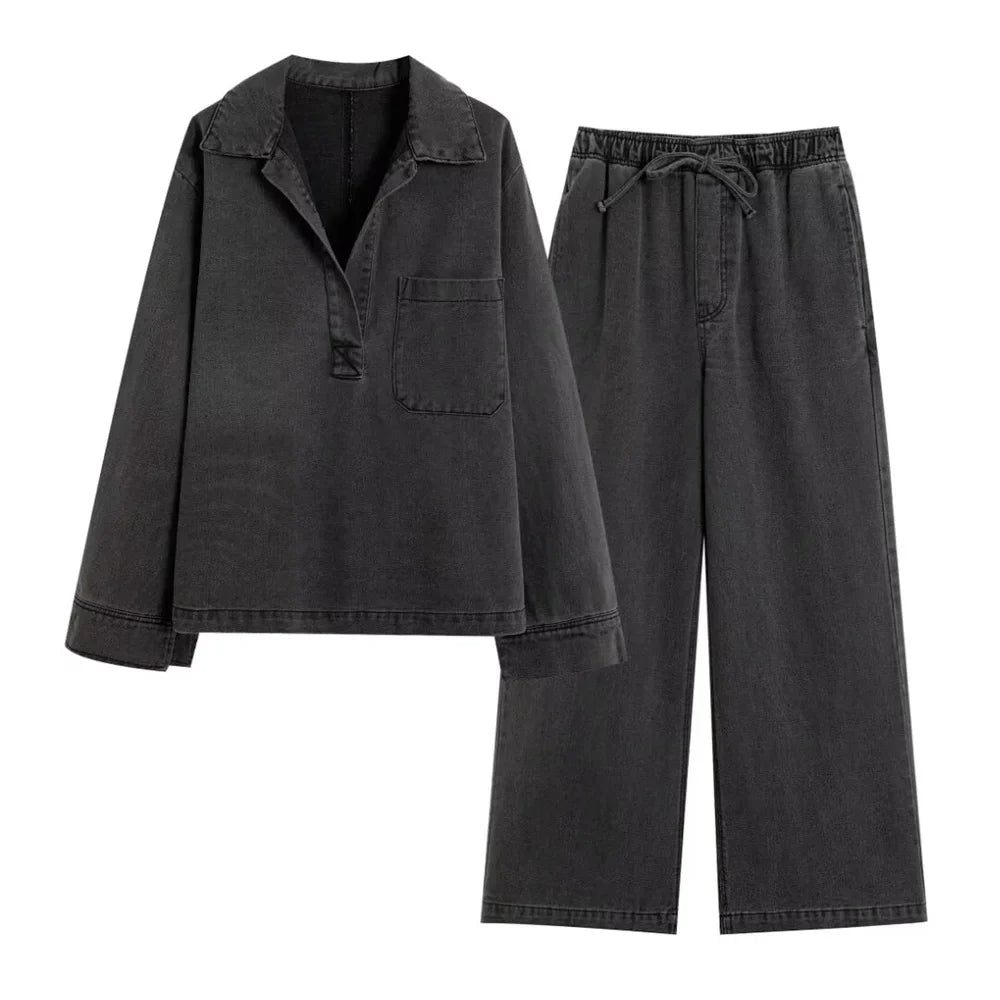 Solid Color V-Neck Loose Denim Pullover Top and High Waist Trousers Set for Women