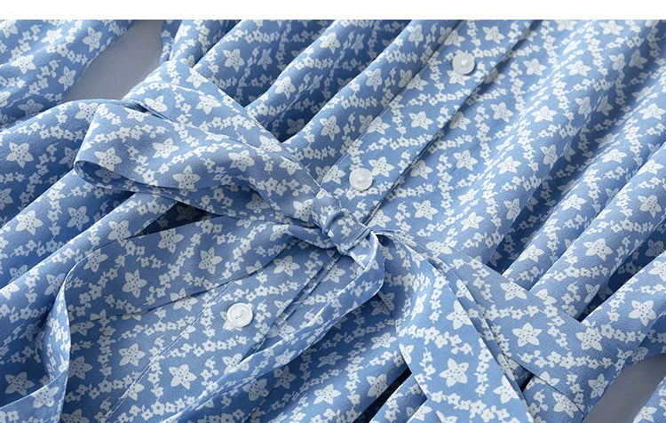 Silk Midi Dress For Women Blue Floral Ruffles V Neck